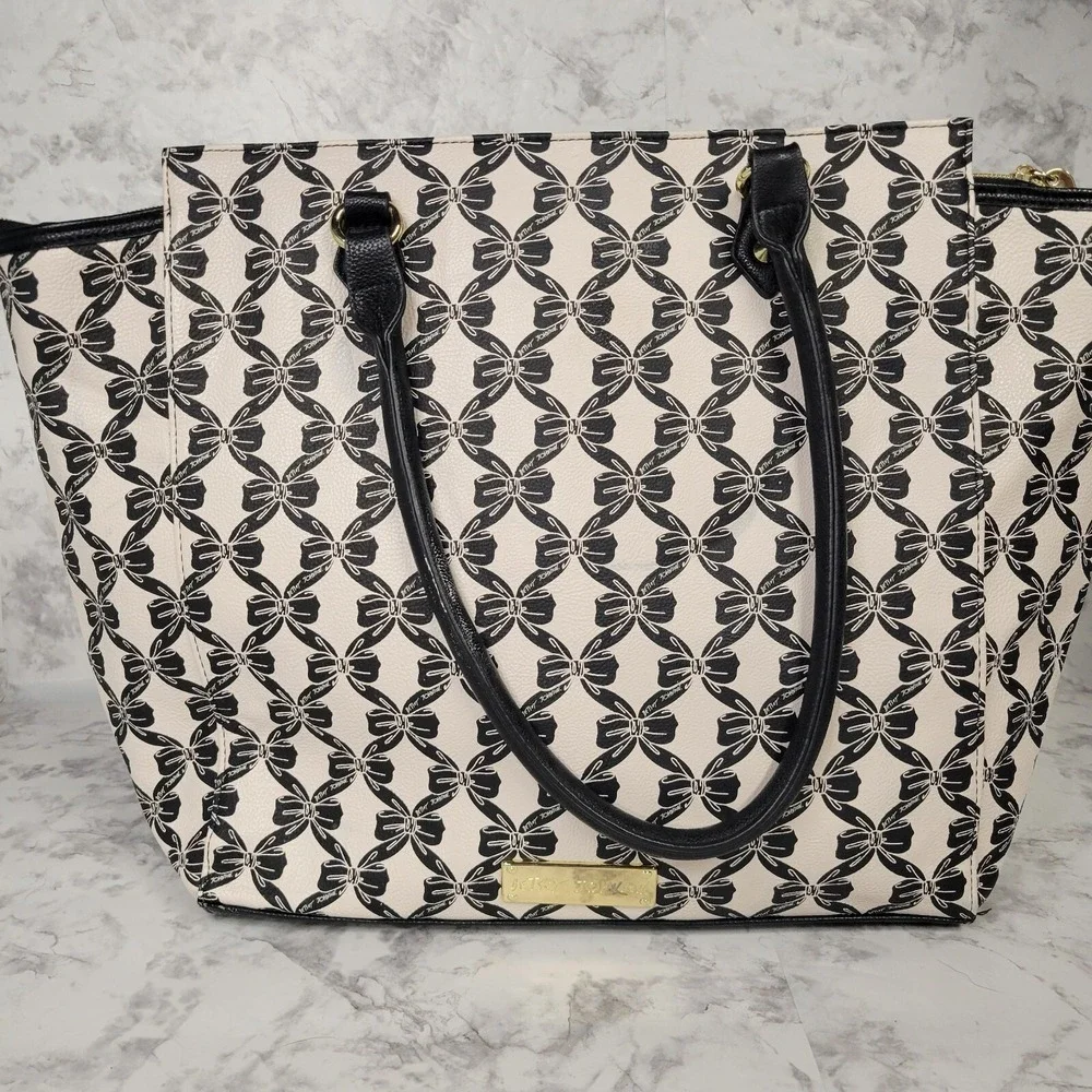 Betsey Johnson Bow Print Tote Bag Cream Black Gold Studded Large Shoulder Bag